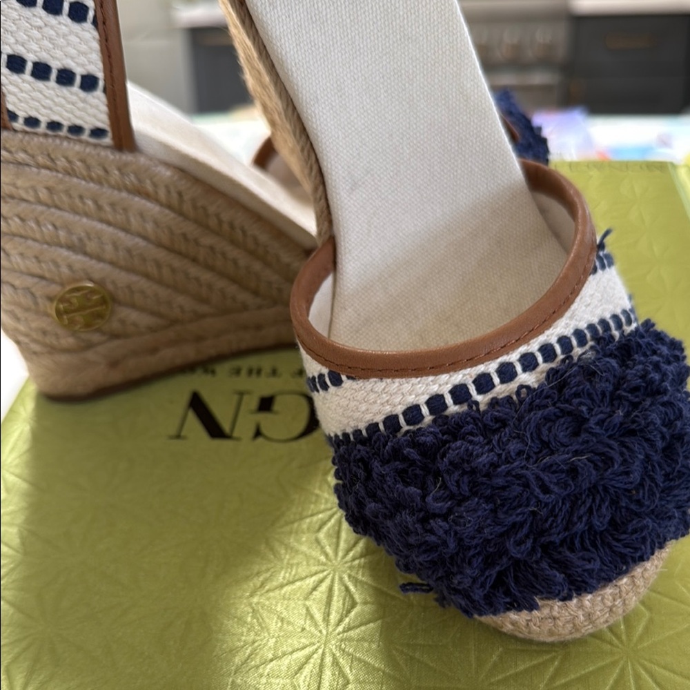 Tory Burch Blue and White Espadrille Slip-Ons